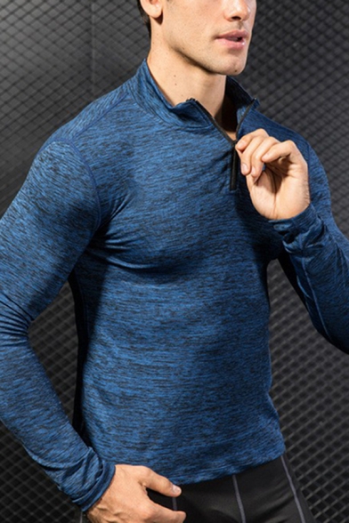 Mens T-Shirt Trendy Space Dye 1/4 Zip Stretch Quick-Dry Skinny Fitted Stand Collar Long Sleeve Thickened T-Shirt