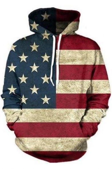 New Stylish Star Striped Flag Printed Long Sleeve Casual Loose Unisex Hoodie