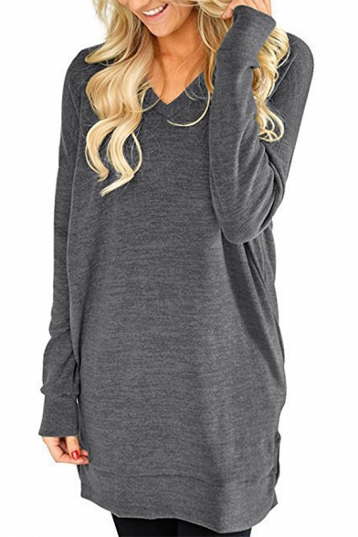 New Trendy Simple Plain Round Neck Long Sleeve Longline Pullover Sweatshirt