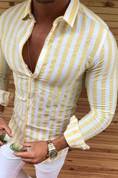 New Trendy Vertical Striped Print Long Sleeve Single Breasted Loose Relaxed Shirt for Men