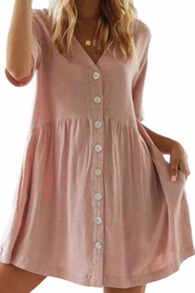 Nice T Shirt Dress Plain Pleated Waist Button Short Sleeve V-Neck Loose Shirt Dress for Women