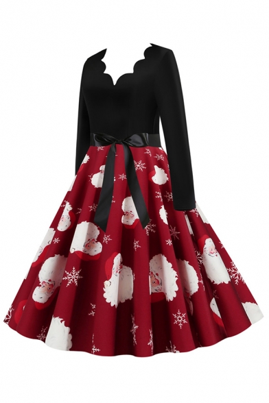 Unique Womens Dress Candy Cane Snowflake Father Christmas Snowman Pattern Tie-Waist Scalloped V Neck Long Sleeve A-Line Slim Fitted Midi Swing Dress