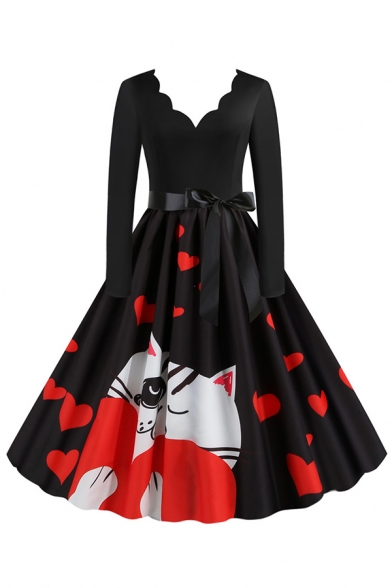 Vintage Womens Dress Sheet Music Rose Cat Heart Pattern Bow Tie Waist Midi A-Line Slim Fitted Scalloped V Neck Long Sleeve Swing Dress