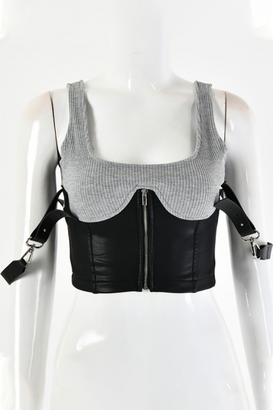 Womens Cami Top Casual Color Block PU Leather Patchwork Zipper Embellished Sleeveless Slim Fitted Cropped Top