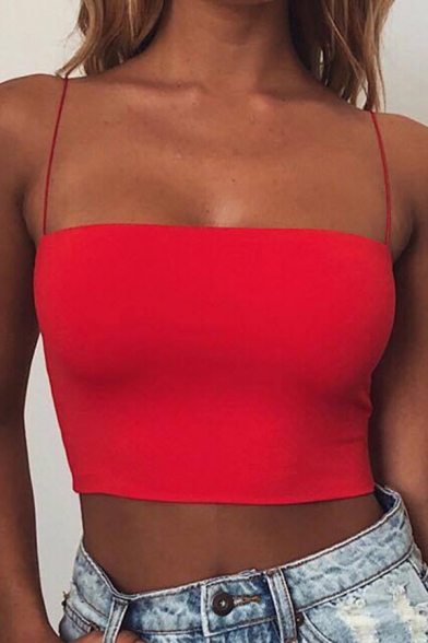 Womens Cami Top Chic Solid Color Cotton Slim Fitted Spaghetti Strap Cropped Camisole