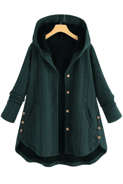 Womens Coat Simple Plain Asymmetric Hem Button down Long Sleeve Loose Fit Mid-Length Hooded Coat