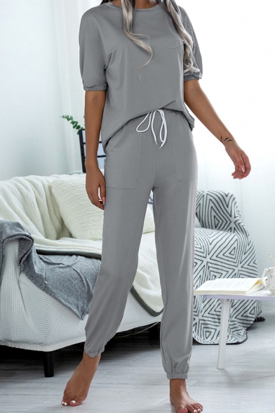Womens Comfortable Home Co-ord Plain Elastic Cuff Tie Round Neck Short Sleeve Sweatshirt Set