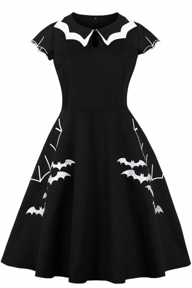 Womens Dress Casual Bat Embroidered Midi A-Line Slim Fitted Round Neck Cap Sleeve Swing Dress