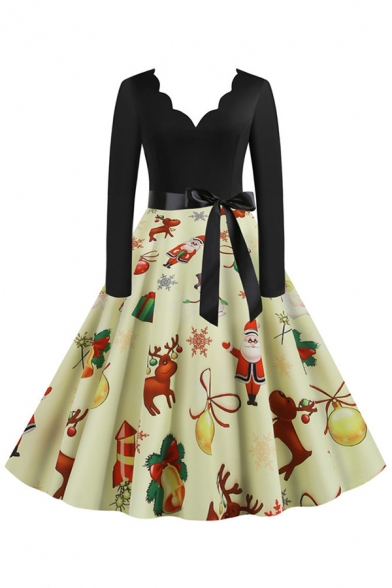 Womens Dress Stylish Santa Claus Gift Snowflake Reindeer Snowman Pattern Tie Waist Scalloped V Neck Long Sleeve A-Line Slim Fit Midi Swing Dress
