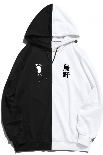 Womens Hoodie Fashionable Footprint Number Letter Pattern Two Tone Anime Haikyuu Drawstring Long Sleeve Relaxed Fitted Hooded Sweatshirt