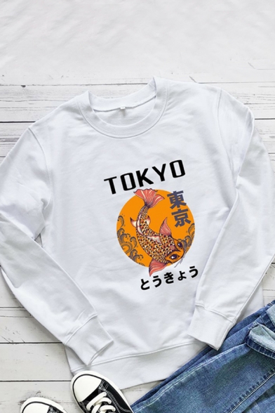 Womens Tee Top Creative Carp Japanese Letter Print Long Sleeve Round Neck Regular Fitted Graphic Tee Top