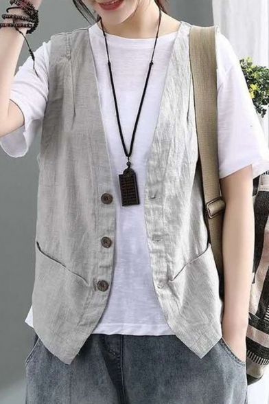 Womens Vest Stylish Solid Color Cotton Linen Button up V Neck Sleeveless Slim Fitted Vest