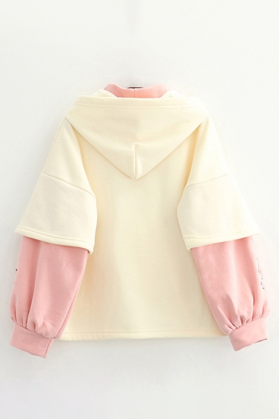 Womens Hooded Sweatshirt Creative Color Block Floral Embroidered Tassel Drawstring Faux Twinset Pocket Loose Fit Long Sleeve Hooded Sweatshirt
