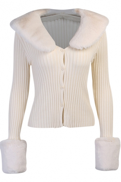 Basic Womens Cardigan Rib Knitted Fur-Trimmed Collar Button Fly Long Sleeve Slim Fitted Cardigan