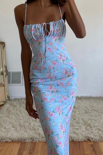 Basic Womens Dress Ditsy Floral Pattern Ruched Bust Detail Tie-Strap Sleeveless Slim Fitted Maxi Bodycon Dress