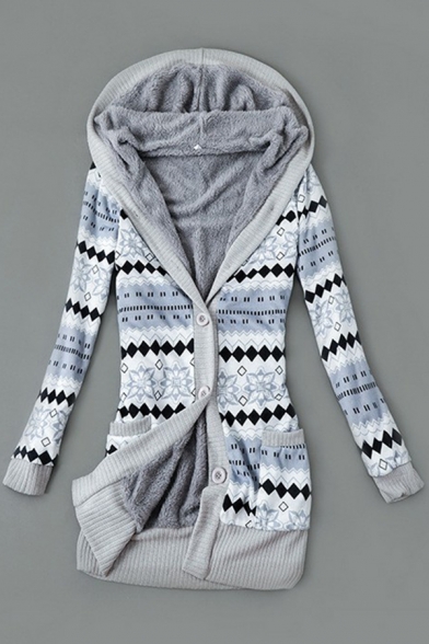 Classic Womens Cardigan Color Block Stripe Pattern Thickened Button Fly Mid-Length Long Sleeve Slim Fitted Hooded Cardigan