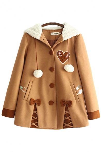 Classic Womens Coat Contrast Panel Heart Bowknot Decoration Fuzzy-Ball Drawstring Button up Hooded Loose Fit Long Sleeve Woolen Coat