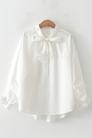 Creative Womens Shirt Plain Cotton Tie-Neck Button Detail Loose Fit Long Sleeve Shirt