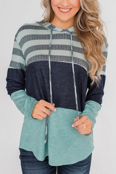 Elegant Women's Hooded Sweatshirt Stripe Pattern Color Block Drawstring Long-sleeved Regular Fit Hoodie