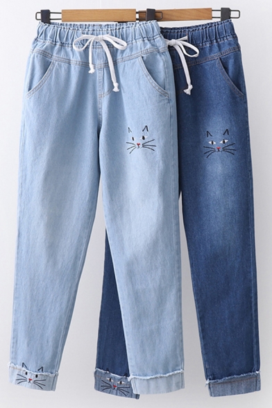 Fancy Women's Jeans Cartoon Cat Printed Drawstring Waist Rolled Cuffs Full-Length Relaxed Fit Straight Jeans