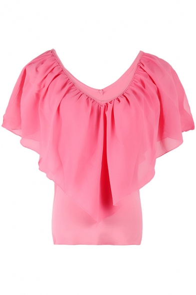 Fancy Women's T-Shirt Cold Shoulder Pleated Solid Color Scoop Neck Chiffon Short Sleeve Regular Fitted Tee Top