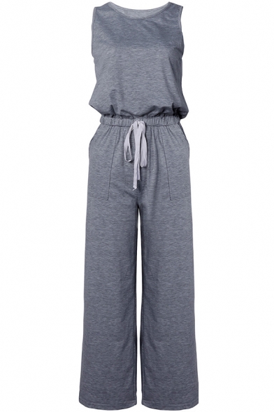 Girls Sleeveless Home Jumpsuits Arched-Neckline Drawstring Regular Fit Jumpsuits with Pocket