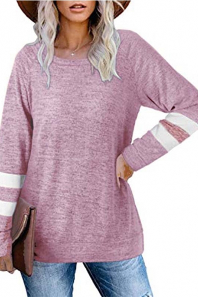 Leisure Women's Tee Top Space Dye Stripe Pattern Crew Neck Long-sleeved Relaxed Fit T-Shirt