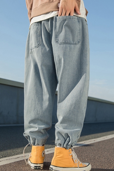Mens Jeans Simple Bungee-Style Cuffs Drawstring Waist Ankle Length Relaxed Fit Tapered Jeans with Washing Effect