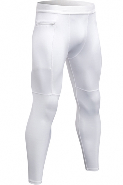 Mens Pants Simple Zipper Pocket Quick Dry Flatlock Stitching Elastic Waist Skinny Fitted 7/8 Length Sport Pants