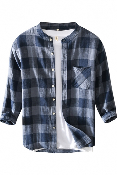 Mens Shirt Chic Checkered Print Button up Stand Collar 3/4 Sleeve Regular Fit Shirt with Chest Pocket