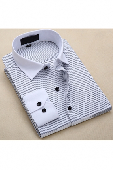 Mens Stylish Vertical Stripe Printed Formal French Cuff Button-Up Dress Shirt