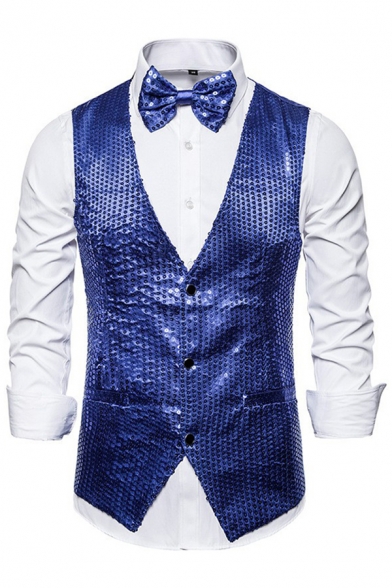 Mens Suit Vest Chic Sequin Decoration Button down Sleeveless Slim Fitted Costume Suit Vest