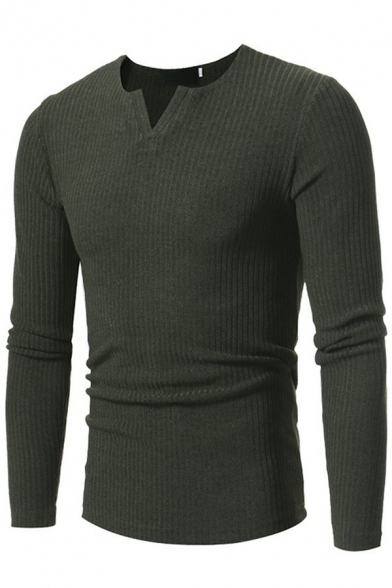 Mens Sweater Fashionable Plain Rib Knitted Modal Slim Fitted Long Sleeve Split Neck Sweater