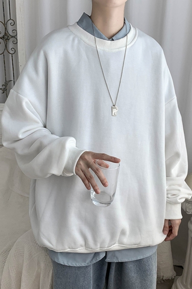 Mens Sweatshirt Chic Plain Ribbed Trim Long Drop-Sleeve Relaxed Fit Crew Neck Pullover Sweatshirt