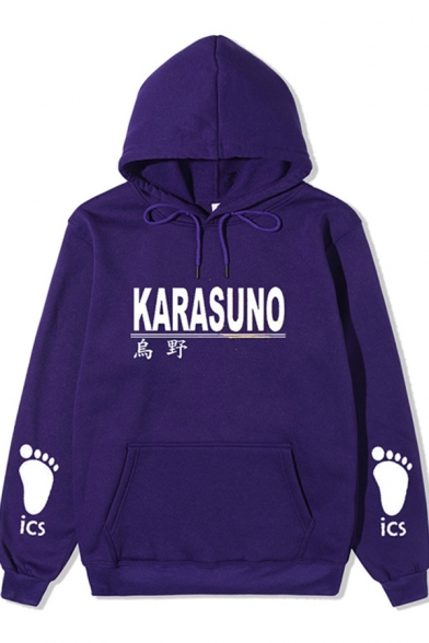 Novelty Mens Hoodie Footprint Letter Pattern Anime Karasuno Drawstring Loose Fit Long Sleeve Hooded Sweatshirt with Kangaroo Pocket