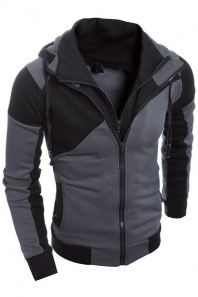Novelty Mens Jacket Color Block Panel Double-Layer Zipper Detail Long Sleeve Slim Fitted Hooded Jogger Jacket
