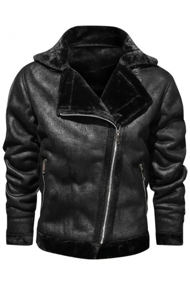 DressU Mens PU Leather Turn-Down Collar Olique Zipper Bomber Jacket