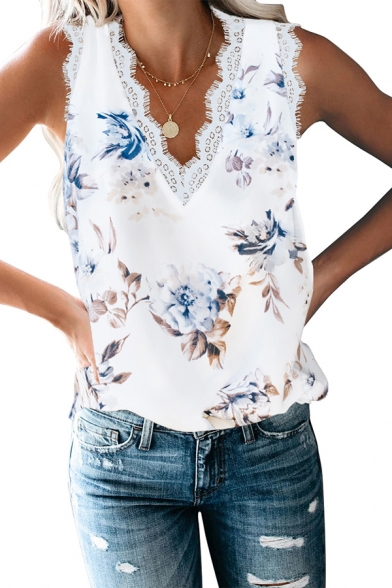 Vintage Tank Top Solid Color Lace Trims All over Floral Printed V Neck Relaxed Fitted Cami Top for Women