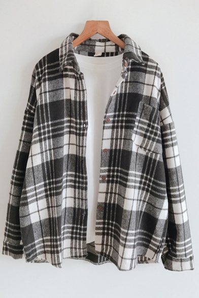 Vintage Womens Shirt Plaid Print Brushed Thick Chest Pocket Button up Point Collar Long Sleeve Loose Fit Shirt