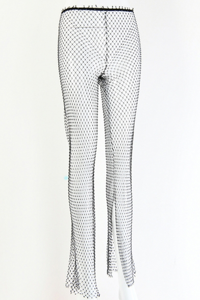 Womens Leggings Leggings Rhinestone Grid Split Hem Slim Fit 7/8 Length Tapered Fishnet Leggings