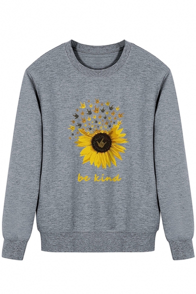 Womens Sweatshirt Stylish Hand Gesture Sunflower Letter Be Kind Print Round Neck Long Sleeve Slim Fitted Pullover Sweatshirt
