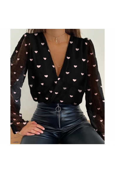Womens Trendy Allover Heart Printed V-Neck Long Sleeve Casual Blouse