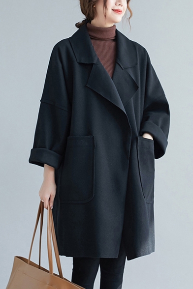 Young-Looking Wool Coat Solid Color Open Front Big Pockets Notched Collar Long-sleeved Relaxed Fit Coat for Women