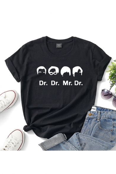Womens T-Shirt Fashionable Head Portrait Letter Pattern Short Sleeve Crew Neck Relaxed Fit T-Shirt