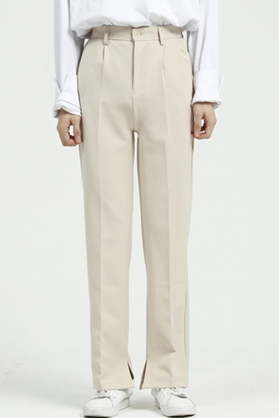 Classic Mens Pants Plain Split Hem Partially Elastic Waist Zipper Fly Regular Fit Long Straight Tailored Pants