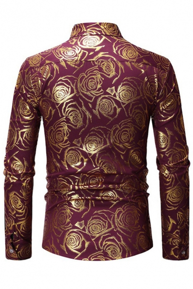 Classic Mens Shirt All-over Rose Gilding Pattern Button up Point Collar Long Sleeve Slim Fitted Shirt
