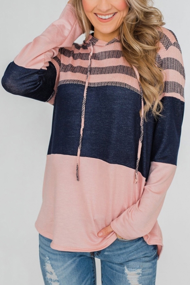Elegant Women's Hooded Sweatshirt Stripe Pattern Color Block Drawstring Long-sleeved Regular Fit Hoodie