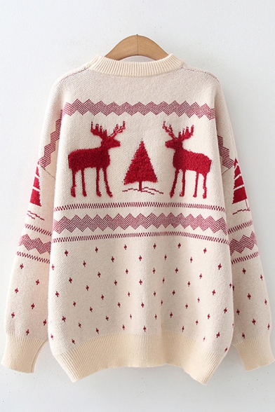 Fancy Women's Sweater Reindeer Snowflake Stripe Printed Round Neck Long Sleeves Relaxed Fit Knitted Sweater