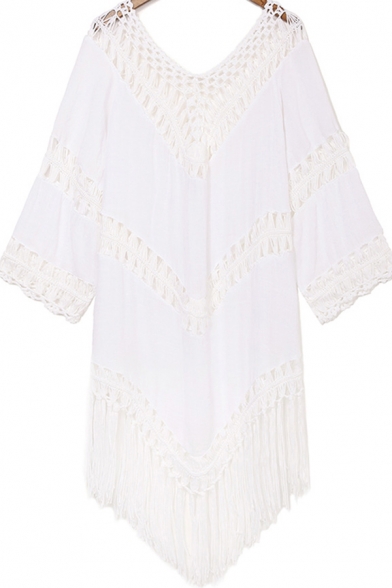 Girls Boho Style Asymmetrical Dress Plain Crochet Tassel Hollowed Backless Half-Sleeve V Neck Short Dress
