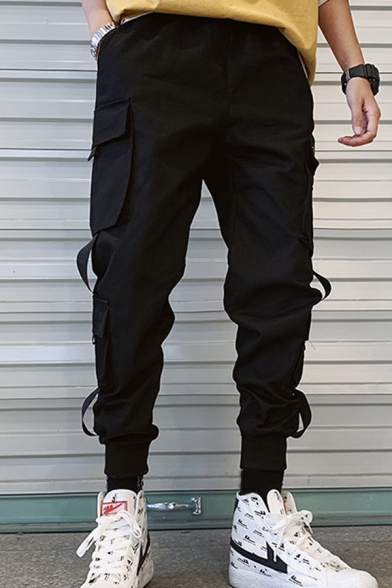 Guys Hot Fashion Solid Color Multi-pocket Loose Fit Elastic Cuffs Cool Cargo Pants